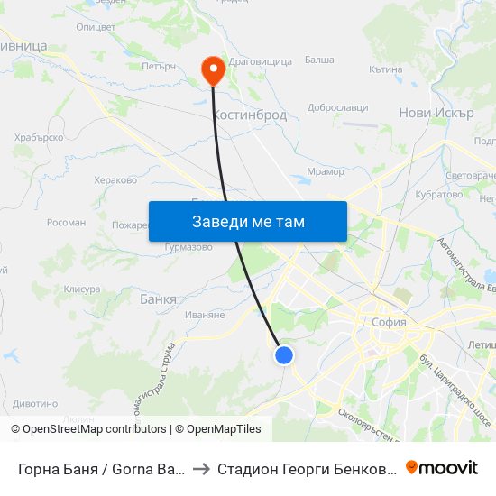 Горна Баня / Gorna Banya to Стадион Георги Бенковски map