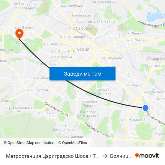 Метростанция Цариградско Шосе / Tsarigradsko Shosse Metro Station (1016) to Болница ""Люлин"" map