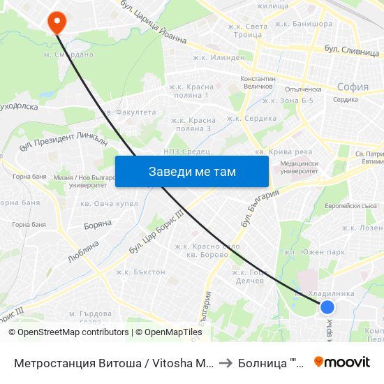 Метростанция Витоша / Vitosha Metro Station (2755) to Болница ""Люлин"" map