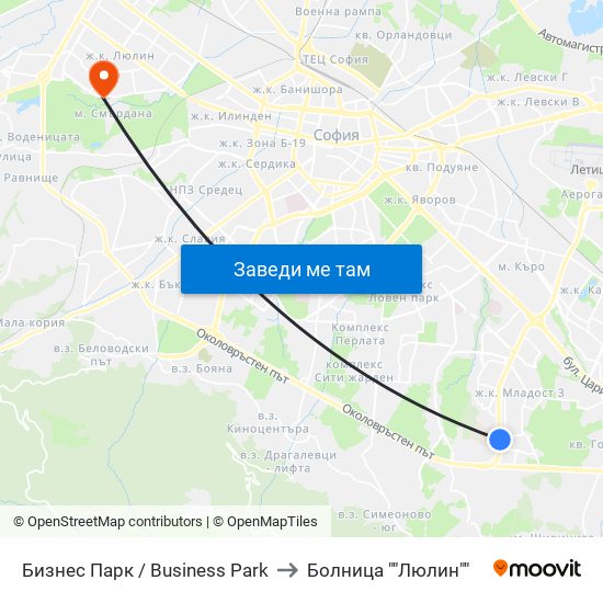 Бизнес Парк / Business Park to Болница ""Люлин"" map