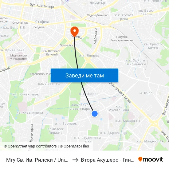 🎓 Минно-Геоложки Университет / University Of Mining And Geology (1033) to Втора Акушеро - Гинекологична Болница Шейново map