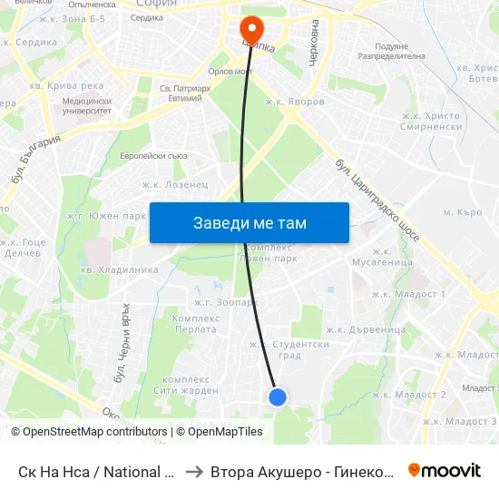 Ск На Нса / National Sports Academy (1609) to Втора Акушеро - Гинекологична Болница Шейново map