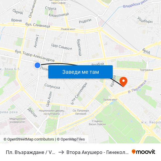 Пл. Възраждане / Vazrazhdane Sq. (1269) to Втора Акушеро - Гинекологична Болница Шейново map