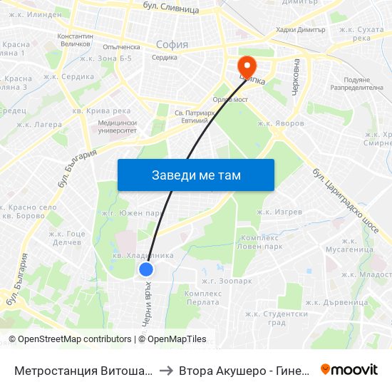 Метростанция Витоша / Vitosha Metro Station (2755) to Втора Акушеро - Гинекологична Болница Шейново map