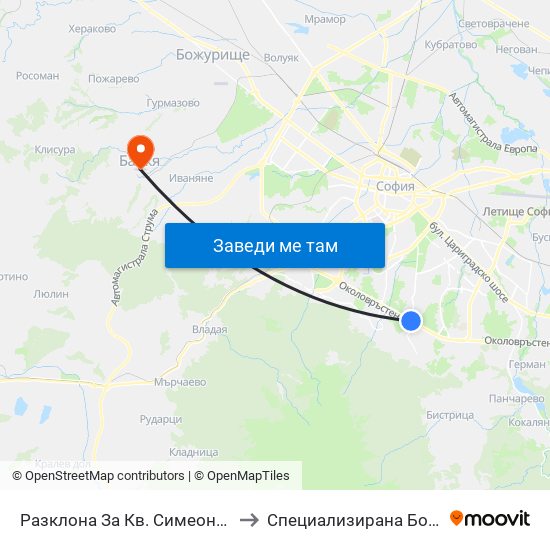 Разклона За Кв. Симеоново / Fork Road To Simeonovo Qr. (1458) to Специализирана Болница За Рехабилитация Здраве map