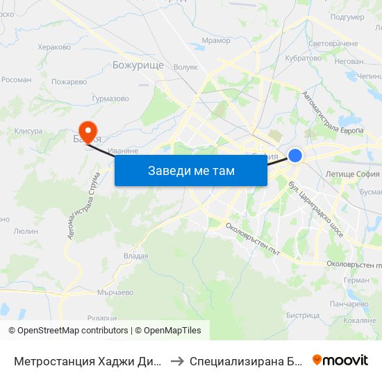 Метростанция Хаджи Димитър / Hadzhi Dimitar Metro Station (0303) to Специализирана Болница За Рехабилитация Здраве map