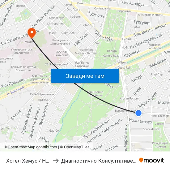 Ⓜ️ Хотел Хемус / Hemus Hotel (2329) to Диагностично-Консултативен Център ""Александровска"" map