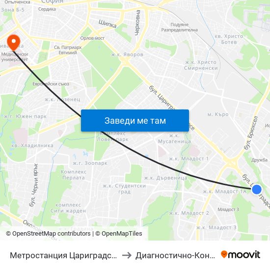 Метростанция Цариградско Шосе / Tsarigradsko Shosse Metro Station (1016) to Диагностично-Консултативен Център ""Александровска"" map