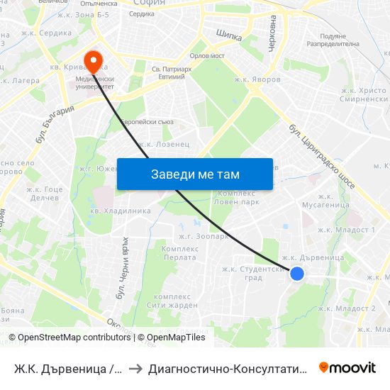 Ж.К. Дървеница / Darvenitsa Qr. (1012) to Диагностично-Консултативен Център ""Александровска"" map