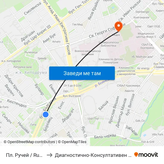 Пл. Ручей / Ruchey Sq. (1301) to Диагностично-Консултативен Център ""Александровска"" map