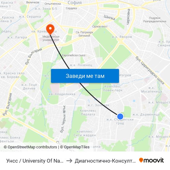 Унсс / University Of National And World Economy (1691) to Диагностично-Консултативен Център ""Александровска"" map