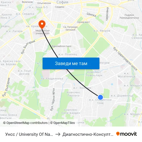 🎓 Унсс / University Of National And World Economy (1691) to Диагностично-Консултативен Център ""Александровска"" map