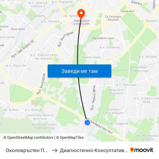 Околовръстен Път / Ring Road (1177) to Диагностично-Консултативен Център ""Александровска"" map