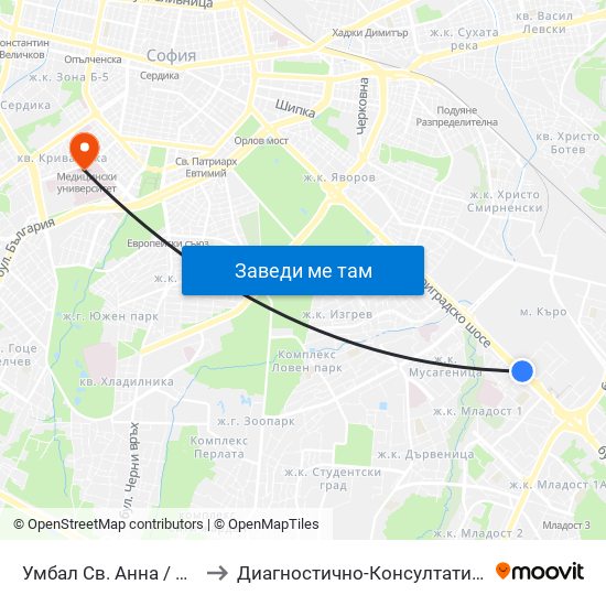 Умбал Св. Анна / St. Anna Hospital (1196) to Диагностично-Консултативен Център ""Александровска"" map