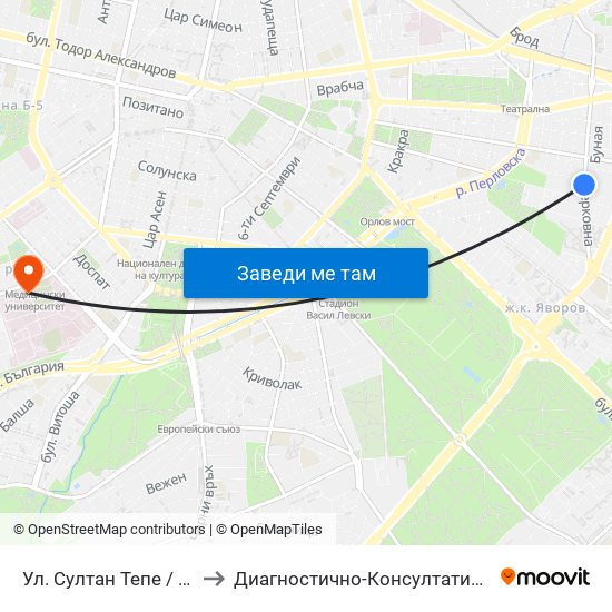 Ул. Султан Тепе / Sultan Tepe St. (2194) to Диагностично-Консултативен Център ""Александровска"" map