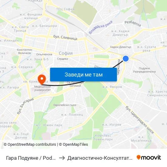 Гара Подуяне / Poduyane Train Station (0466) to Диагностично-Консултативен Център ""Александровска"" map