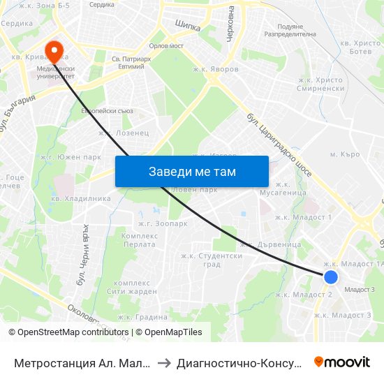 Метростанция Ал. Малинов / Al. Malinov Metro Station (0170) to Диагностично-Консултативен Център ""Александровска"" map