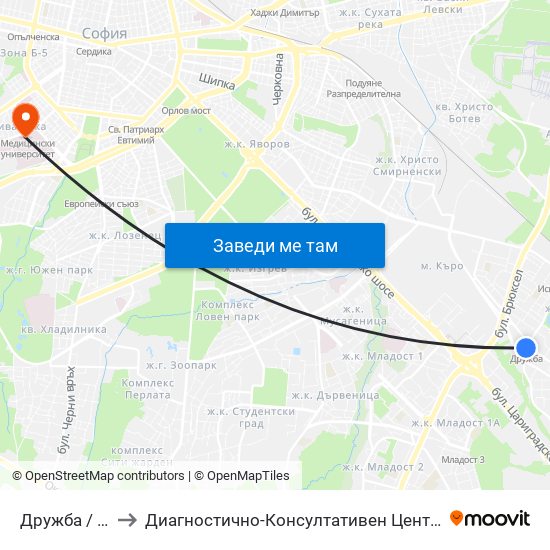 Дружба / Druzhba to Диагностично-Консултативен Център ""Александровска"" map