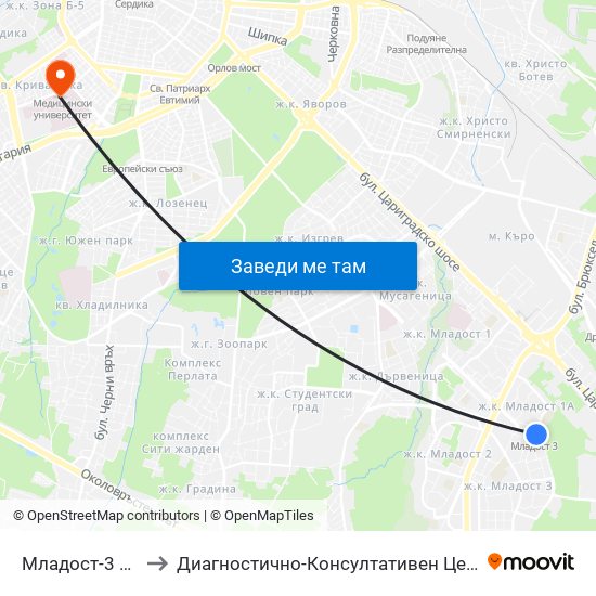 Младост-3 / Mladost 3 to Диагностично-Консултативен Център ""Александровска"" map