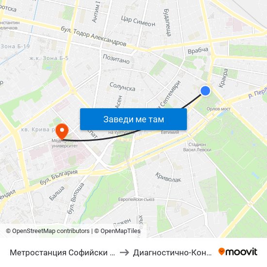 Метростанция Софийски Университет / Sofia University Metro Station (2827) to Диагностично-Консултативен Център ""Александровска"" map