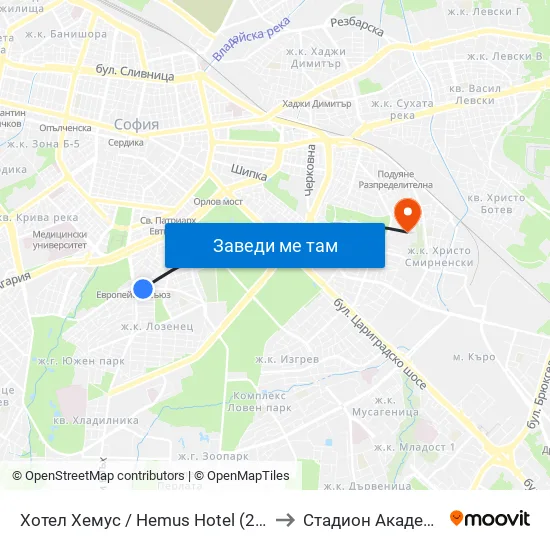 Ⓜ️ Хотел Хемус / Hemus Hotel (2329) to Стадион Академик map