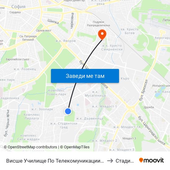 Висше Училище По Телекомуникации / University Of Telecommunications And Post (1397) to Стадион Академик map
