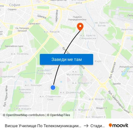 Висше Училище По Телекомуникации / University Of Telecommunications And Post (1396) to Стадион Академик map