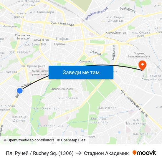 Пл. Ручей / Ruchey Sq. (1306) to Стадион Академик map