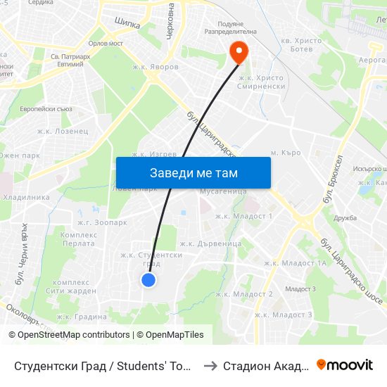 Студентски Град / Students' Town (1693) to Стадион Академик map