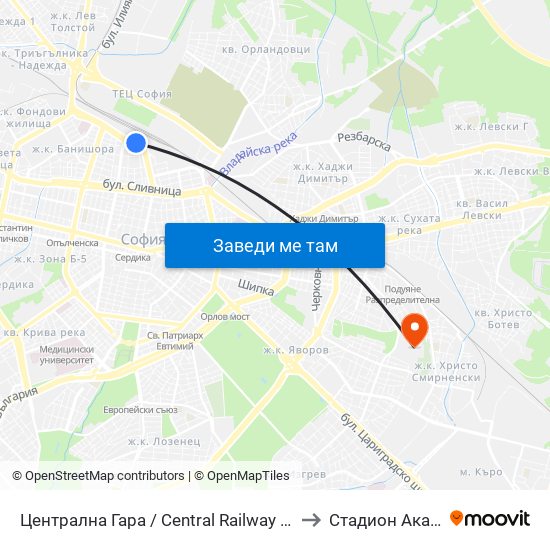 Централна Гара / Central Railway Station (1327) to Стадион Академик map