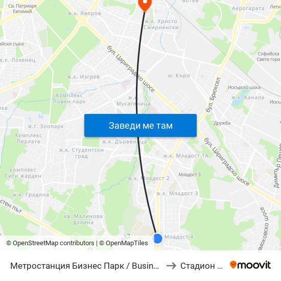 Метростанция Бизнес Парк / Business Park Metro Station (2490) to Стадион Академик map