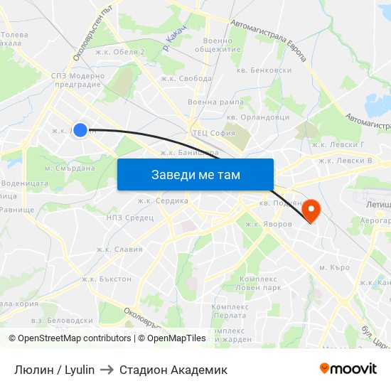 Люлин / Lyulin to Стадион Академик map