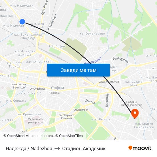 Надежда / Nadezhda to Стадион Академик map