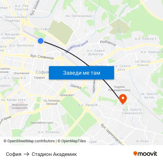 София to Стадион Академик map