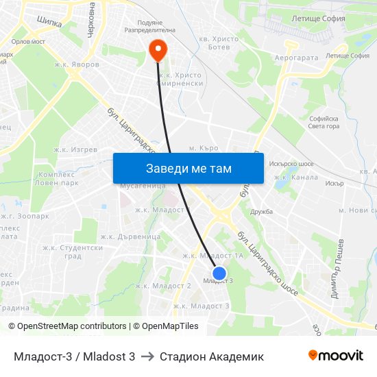 Младост-3 / Mladost 3 to Стадион Академик map