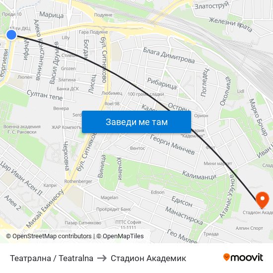 Театрална / Teatralna to Стадион Академик map