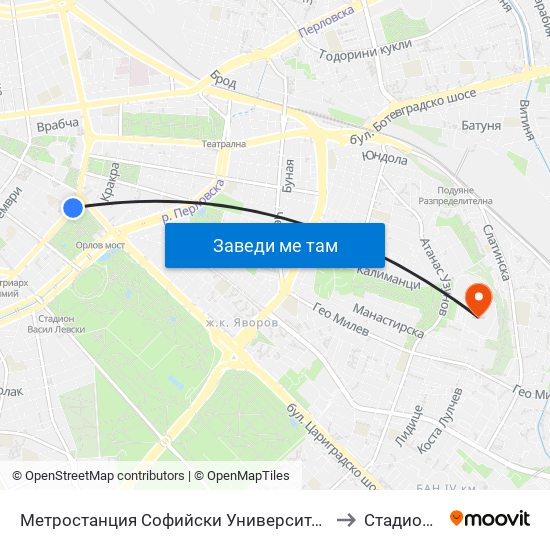 Метростанция Софийски Университет / Sofia University Metro Station (2827) to Стадион Академик map