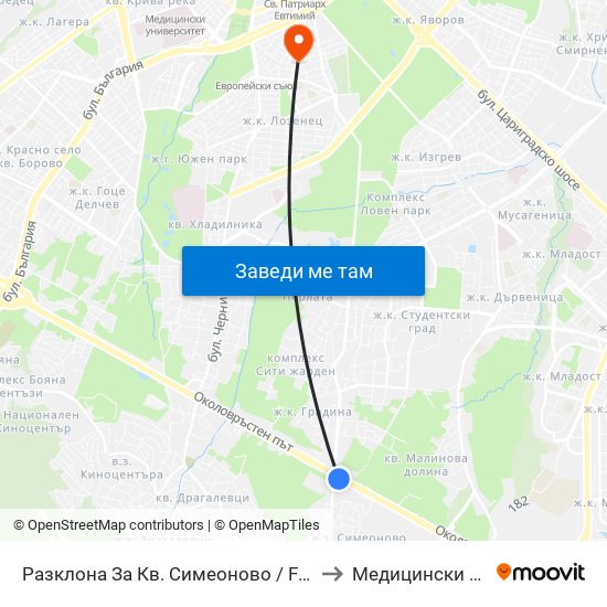 Разклона За Кв. Симеоново / Fork Road To Simeonovo Qr. (1459) to Медицински Център Авицена map