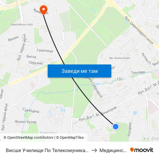 Висше Училище По Телекомуникации / University Of Telecommunications And Post (1396) to Медицински Център Авицена map