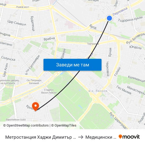 Метростанция Хаджи Димитър / Hadzhi Dimitar Metro Station (0303) to Медицински Център Авицена map