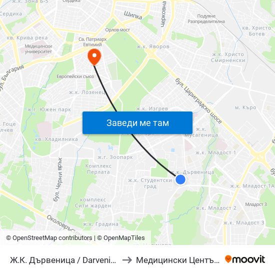 Ж.К. Дървеница / Darvenitsa Qr. (0800) to Медицински Център Авицена map