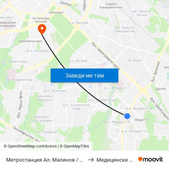 Метростанция Ал. Малинов / Al. Malinov Metro Station (0169) to Медицински Център Авицена map