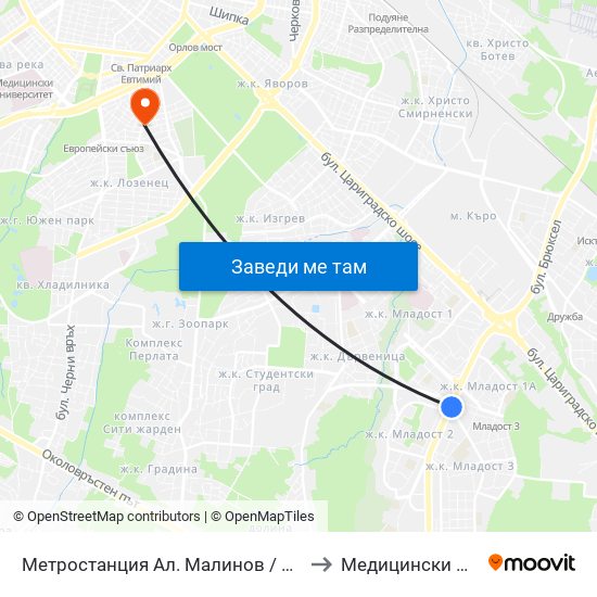 Метростанция Ал. Малинов / Al. Malinov Metro Station (0170) to Медицински Център Авицена map
