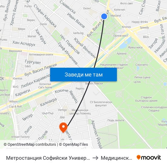 Метростанция Софийски Университет / Sofia University Metro Station (2827) to Медицински Център Авицена map
