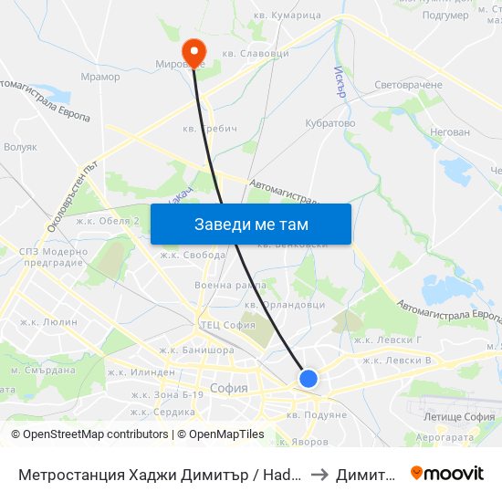 Метростанция Хаджи Димитър / Hadzhi Dimitar Metro Station (0303) to Димитър Пенев map