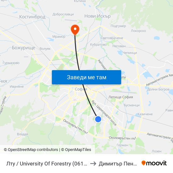 Лту / University Of Forestry (0617) to Димитър Пенев map