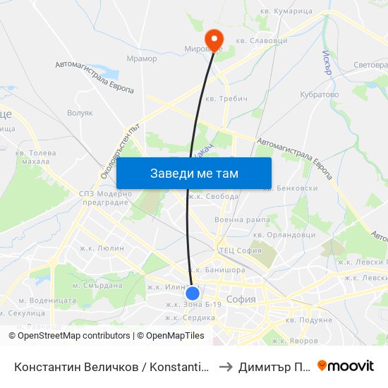 Константин Величков / Konstantin Velichkov to Димитър Пенев map