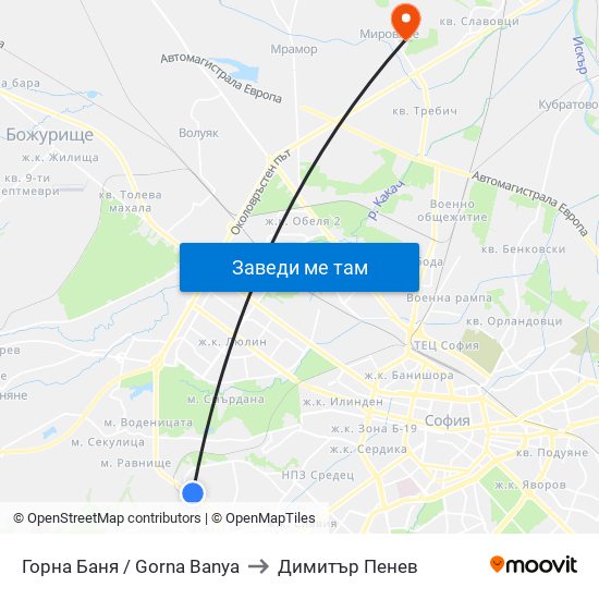 Горна Баня / Gorna Banya to Димитър Пенев map