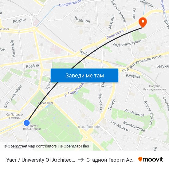 Уасг / University Of Architecture (0386) to Стадион Георги Аспарухов map