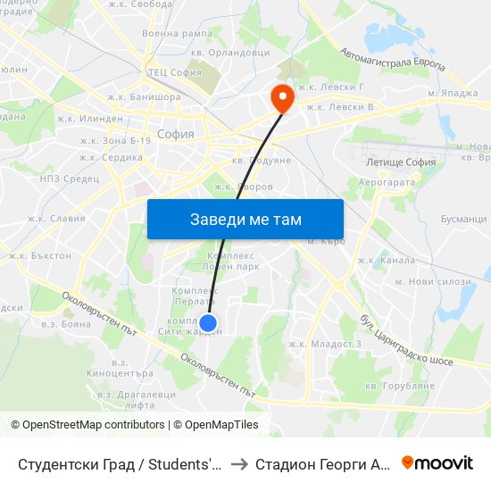 Студентски Град / Students' Town (2382) to Стадион Георги Аспарухов map